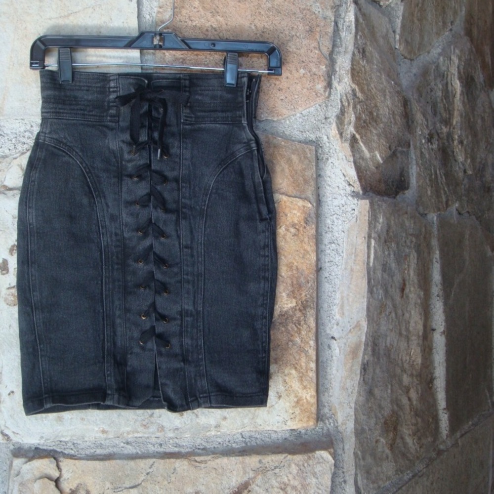 High waisted lace up black denim skirt